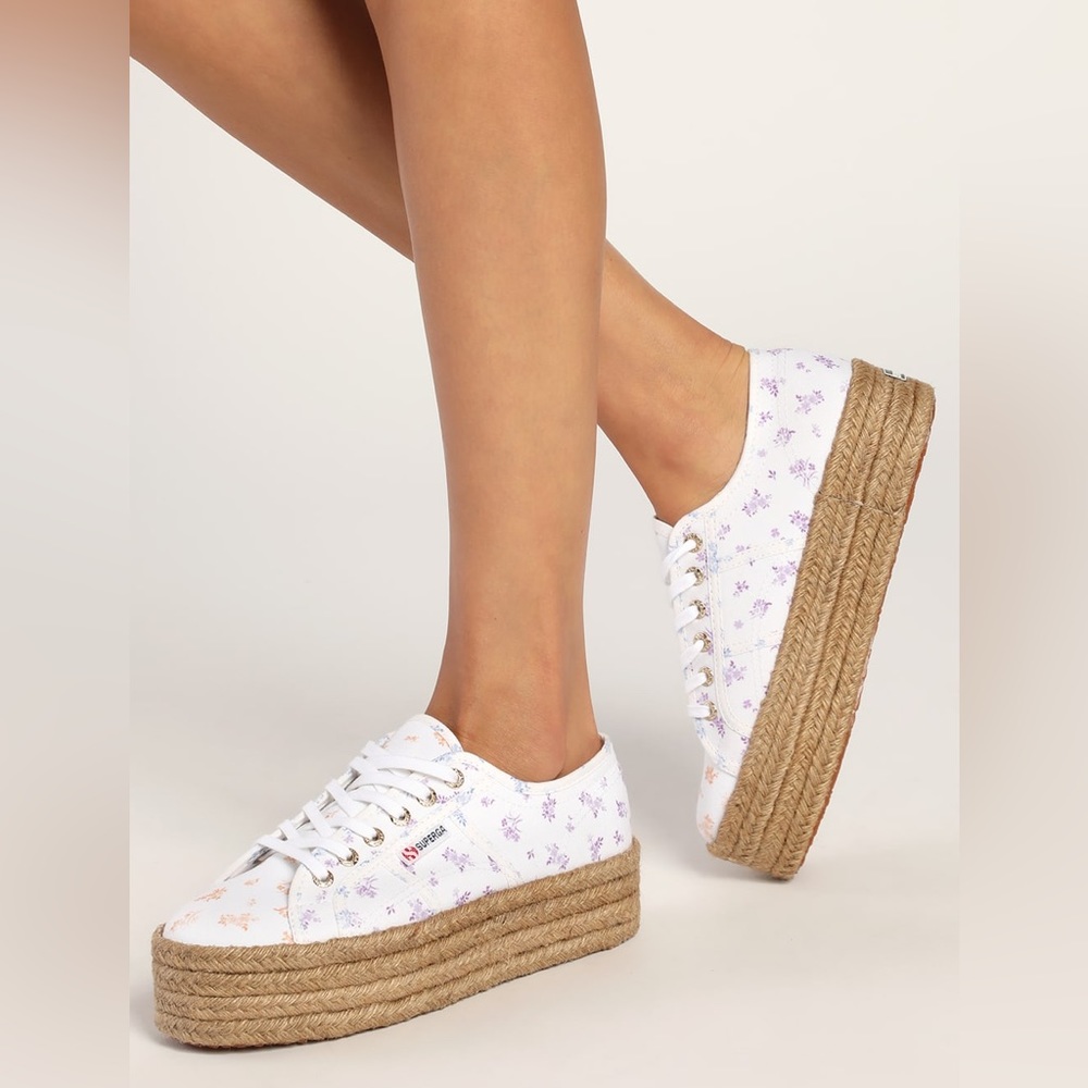 🎉LAST PIECE🎉SUPERGA Flower Print Mix Sneakers With‎ Rope Platform - Picture 2 of 10